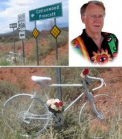 A picture of Pete and his ghost bike from close up and afar. A picture of Pete and his ghost bike from close up and afar.